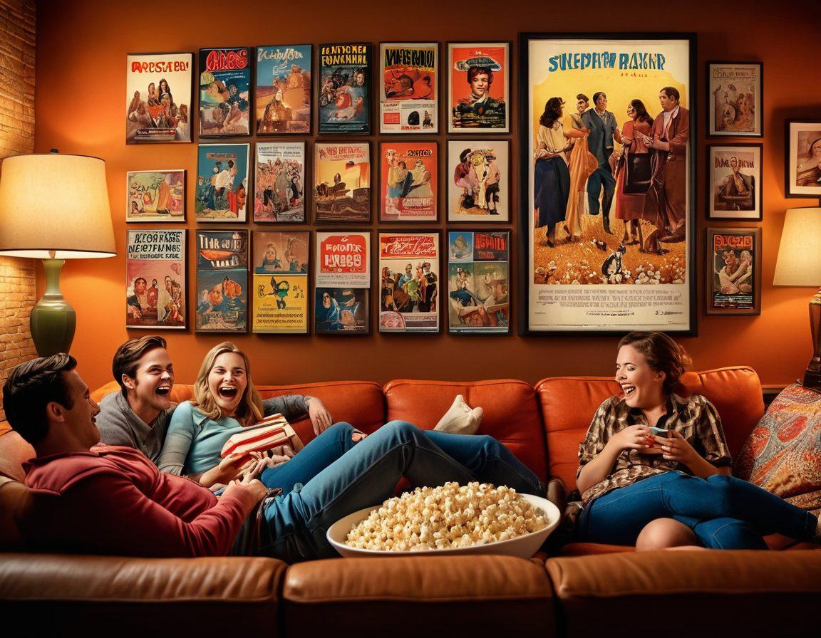 A cozy family room scene with a large screen showcasing a movie playing, surrounded by popcorn, vintage movie posters, and a diverse group of friends and family joyfully discussing and laughing together. Capture the contrast of classic movies with new critically acclaimed ones displayed on a shelf. Warm lighting and cheerful expressions enhance the inviting atmosphere. super-realistic. vibrant colors. cozy ambiance.