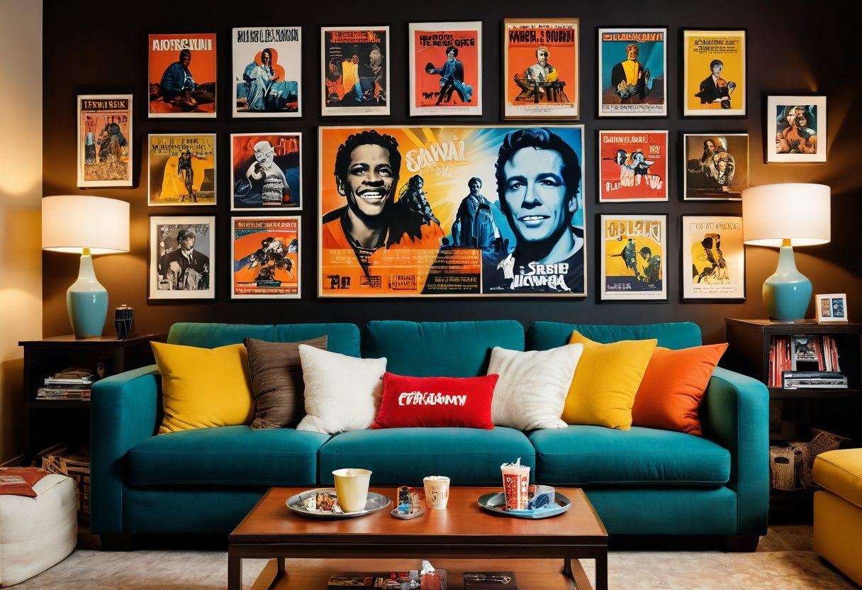 A cozy home theater setup with a big, plush sofa surrounded by a curated collection of joyful film posters featuring iconic movie characters. Soft warm lighting casts a welcoming glow, and a bowl of popcorn sits on a side table. A large screen displays a colorful, lively scene from a classic joyful film. The ambiance is inviting and cinematic. super-realistic. vibrant colors. cozy atmosphere.