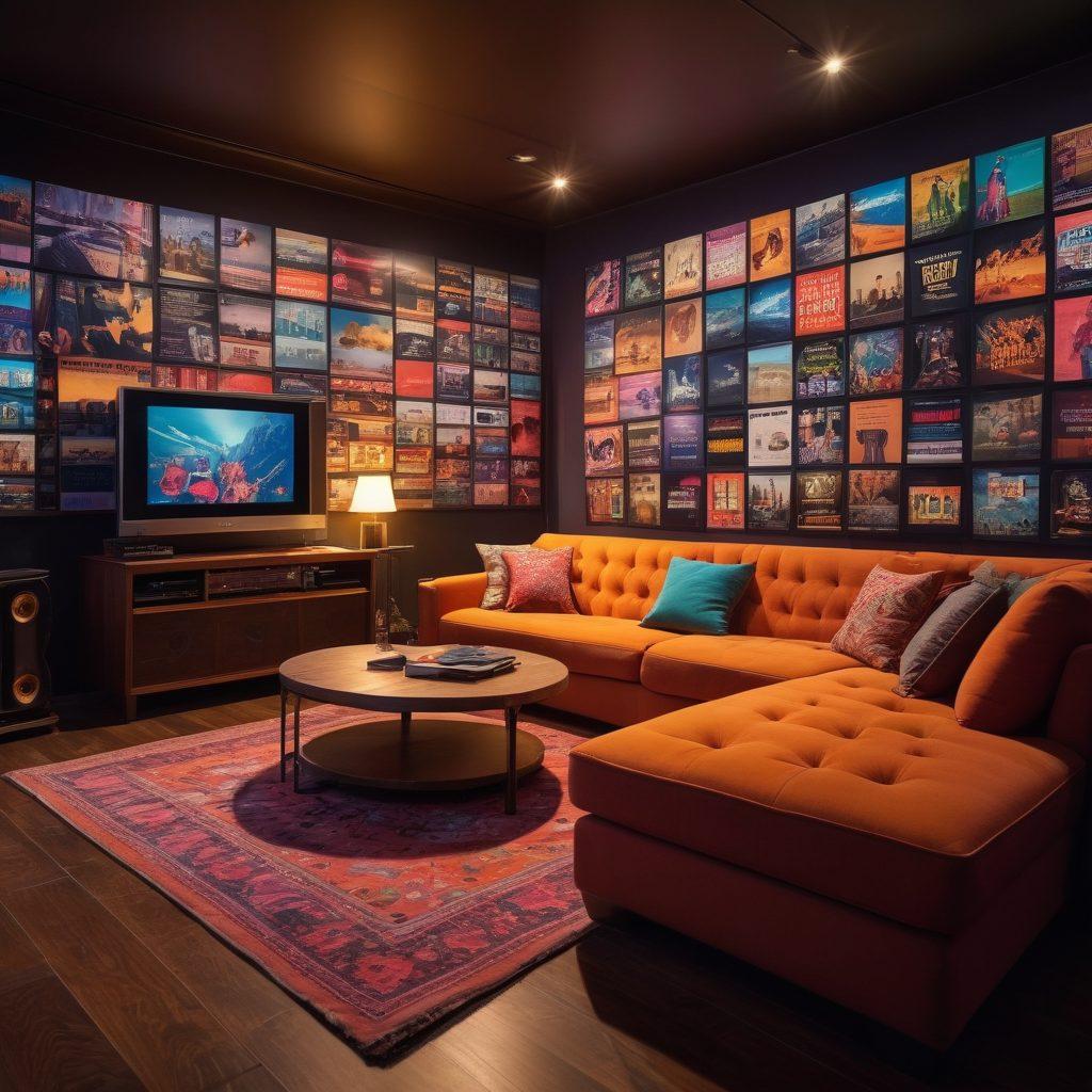 A visually striking cinema reel bursting with iconic film scenes from various genres like drama, sci-fi, romance, and horror. Surrounding the reel, a kaleidoscope of colorful film posters, each featuring unique typography and artwork. In the backdrop, a cozy home theater setup with plush seating and ambient lighting inviting viewers into an immersive experience. Accent with a film director's clapperboard lying on a table to enhance the cinematic theme. vibrant colors. super-realistic.